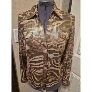 Cache Metallic Animal Print Button-Up Blouse sz M